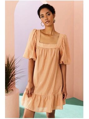 Marie Oliver Kaylee Silk Cotton Puff Sleeve Mini Dress Babydoll Plaid Ruffle XXS